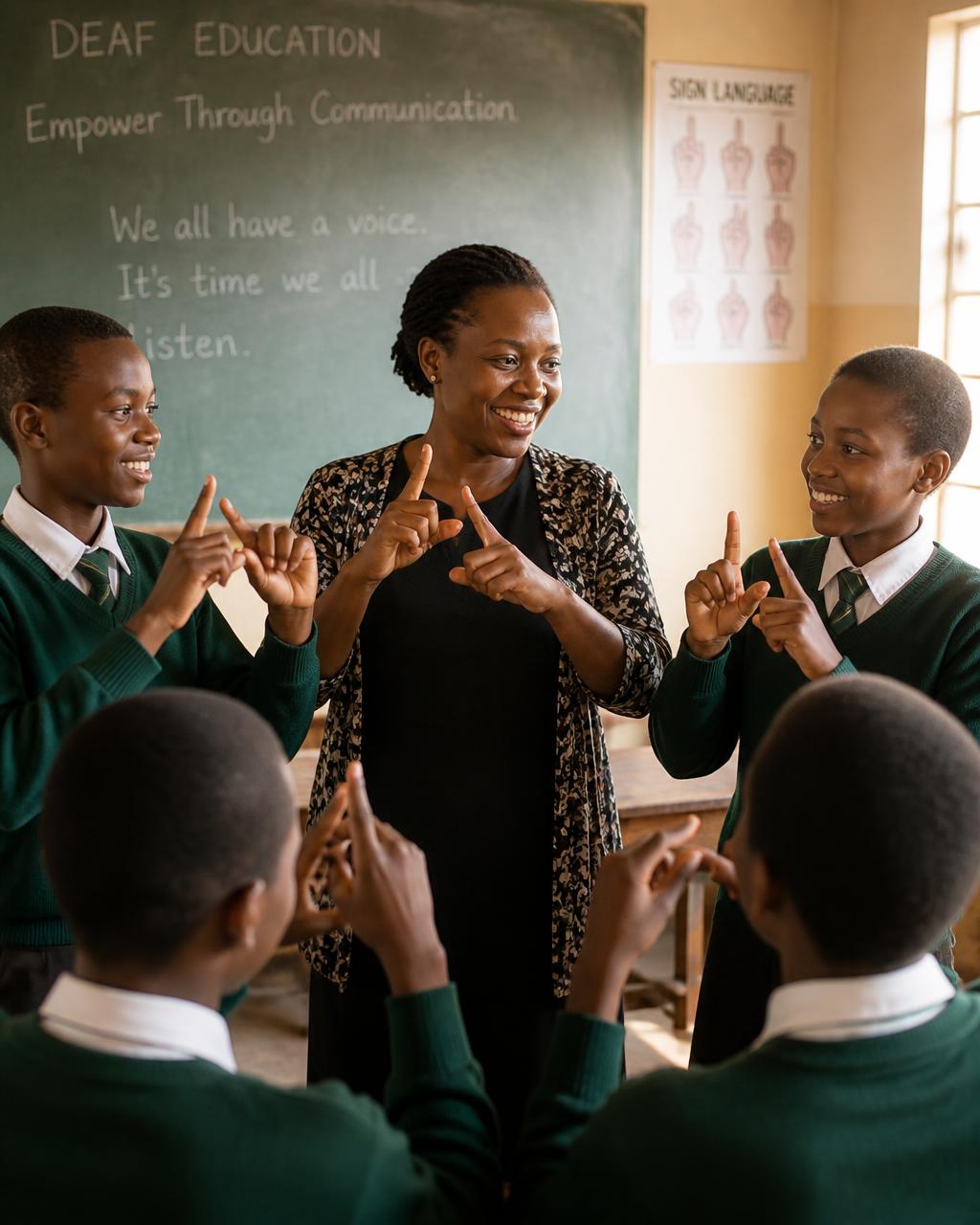 Zimbabwean secondary school learners studying together outdoors with a teacher, including a learner using a wheelchair and a learner listening on headphones